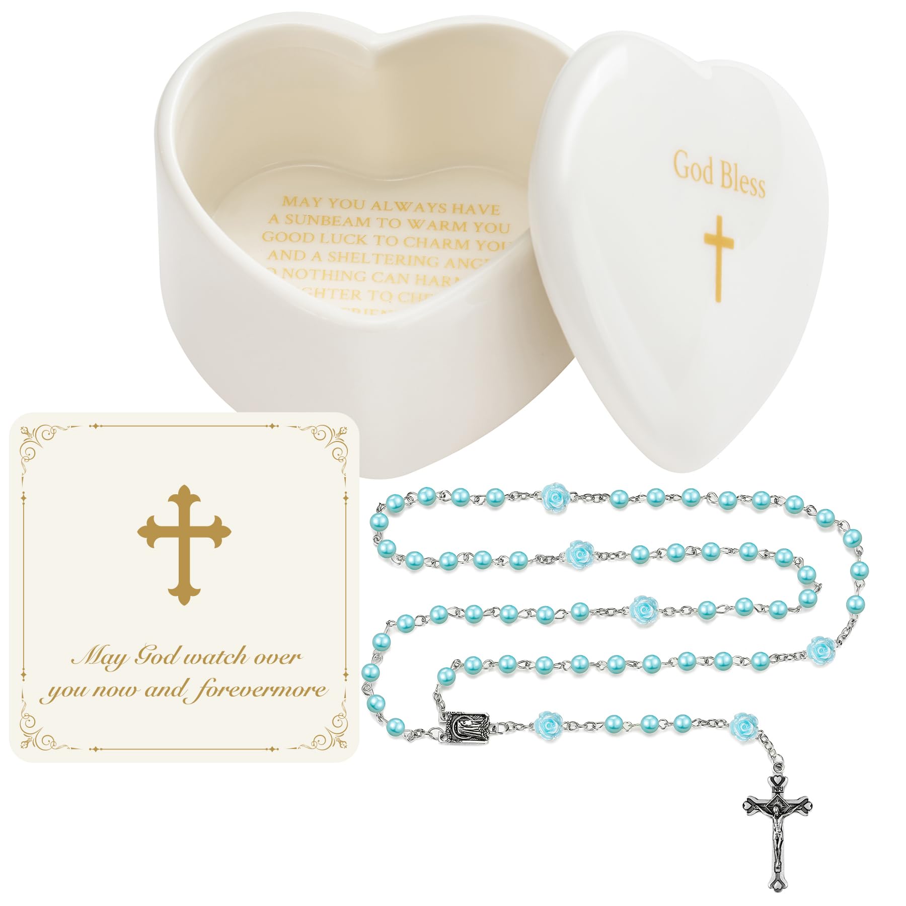 NORBU Baptism Gifts for Girl, My First Rosary with Ceramic Keepsake Box