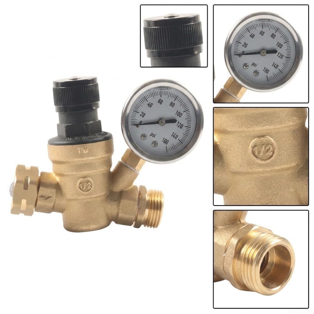Riduttore di pressione dell'acqua manuale da 3/4" con manometro, regolabile 40-50 PSI, in ottone e acciaio inox, filettatura per tubo da giardino per camper, camper e barca