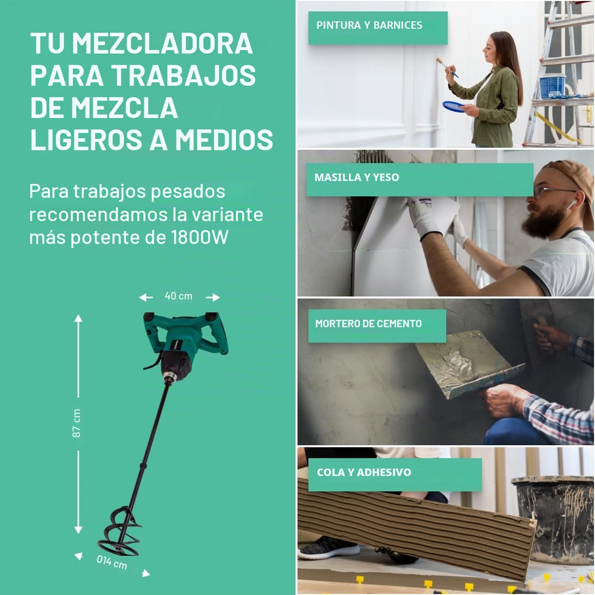 VONROC Taladro mezclador de pintura/ cemento de 1200W - Arranque suave - 3 metros de cable de goma, con una varilla mezcladora 140x600 mm