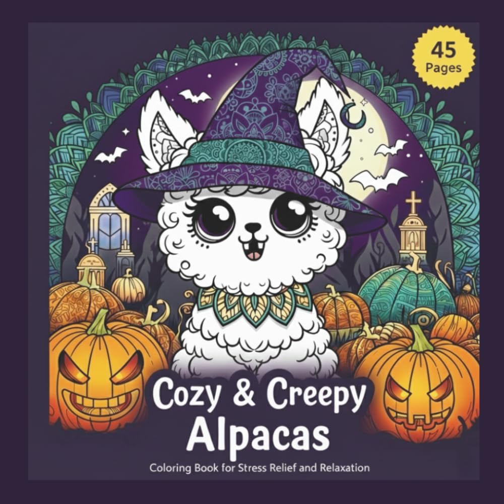 Cozy & Creepy Alpacas: A Spooky Alpaca Coloring Book for Stress Relief and Relaxation with 45 Unique Mandala Designs for Adults and Teens