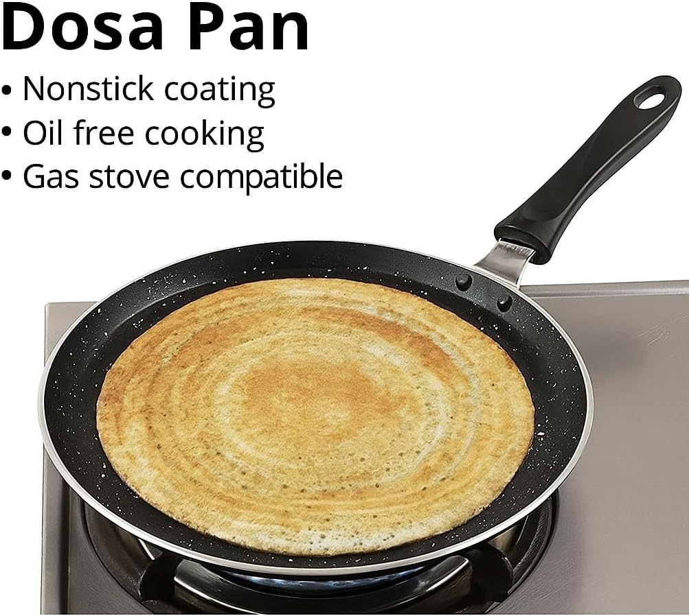 Non-Stick Dosa Pan Flat Tawa for Dosa Crepes Pancakes Roti & Paratha Heavy Duty Aluminum with Stay-Cool Handle Thickness 4 mm Size 10 Inches