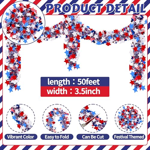 Image of 50FT 4th of July Patriotic Tinsel Garland, Glitter Tinsel Garlands with Red White Blue Star, Metallic Holiday Hanging Streamers for Memorial Day Independence Day Indoor Outdoor Party Decor