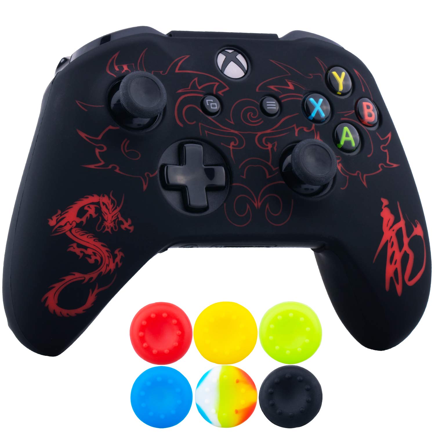 Photo 1 of 9CDeer 1 x Silicone Laser Carving Protective Cover Skin + 6 Thumb Grips for Xbox One S/X Controller Loong Red Laser carving Loong Red