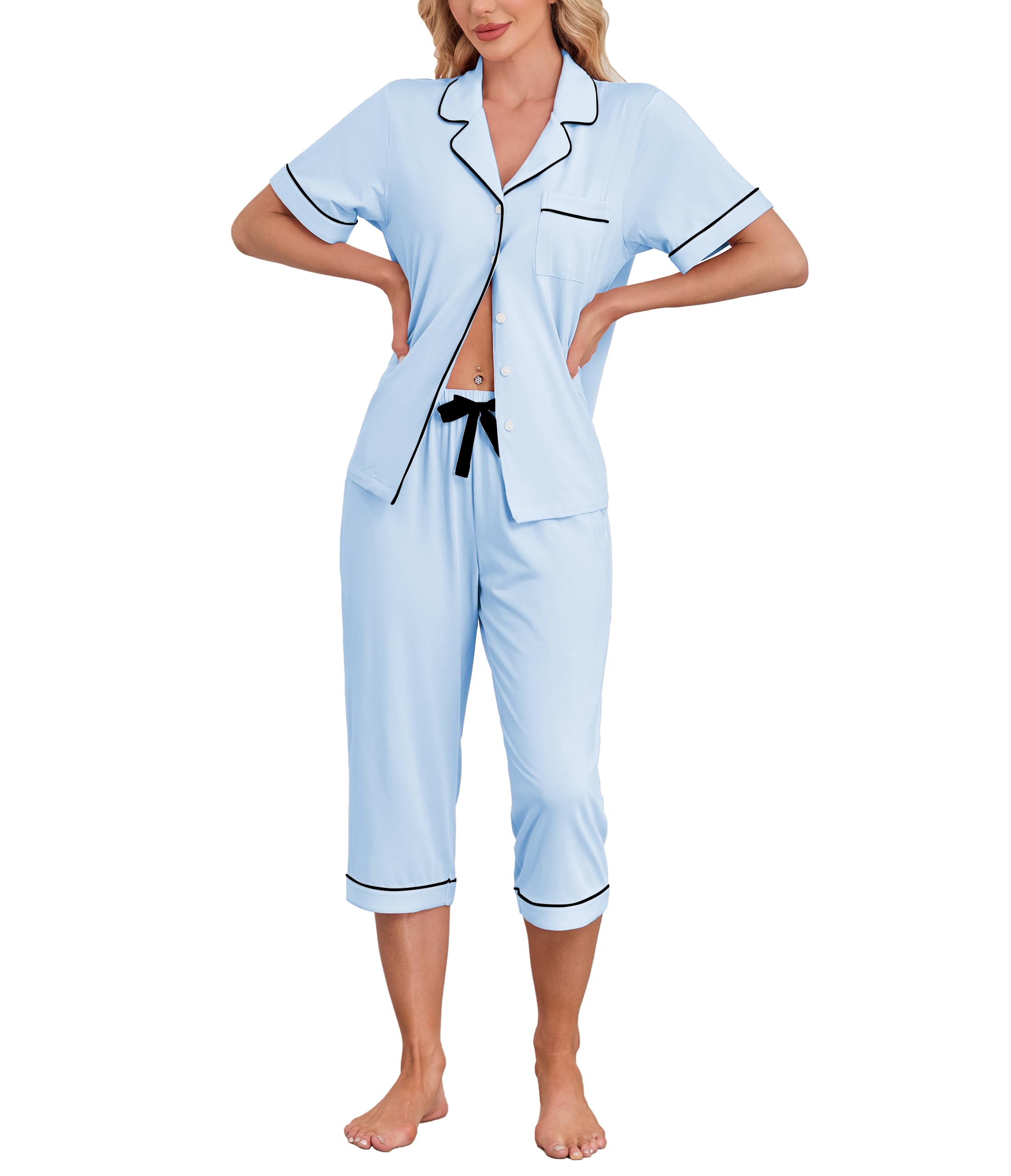 ANLIQI Women's Cotton Pajamas Set Modal Short Sleeve Capri