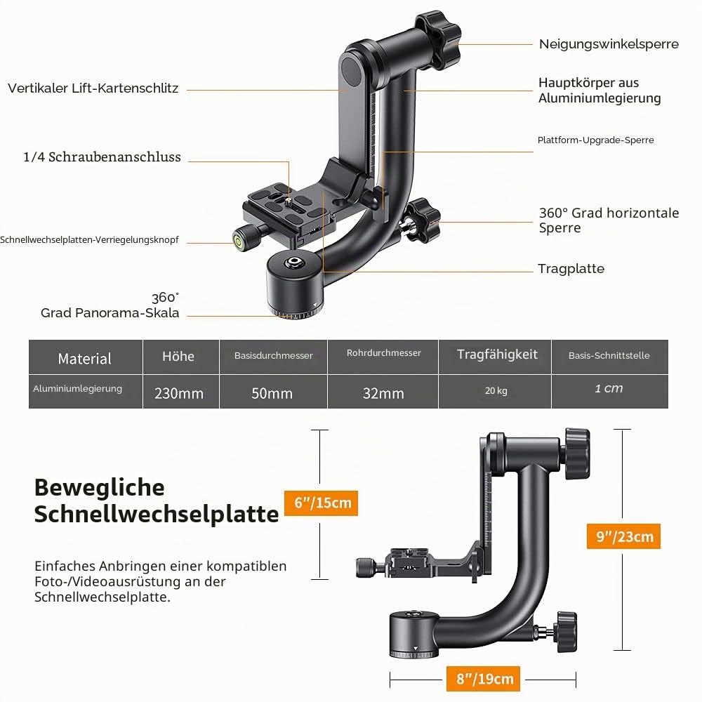 K&F CONCEPT Aluminium Gimbalkopf, Professional Heavy Duty Metall 360° Panorama Stativkopf mit 20 KG Tragkraft, Acra Swiss System,1/4'' Gewinde und Wasserwaage, ideal für Tier- und Sportfotografie