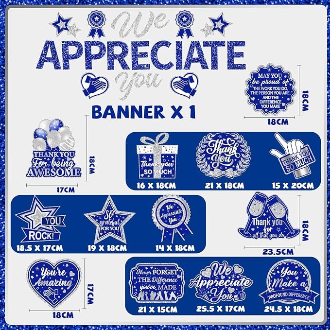 Image of We Appreciate You Decorations, Blue Silver Thank You Decorations includes We Appreciate You Banner and Employee Appreciation Table Decorations and Hanging Swirls for Pastor Appreciation Decorations