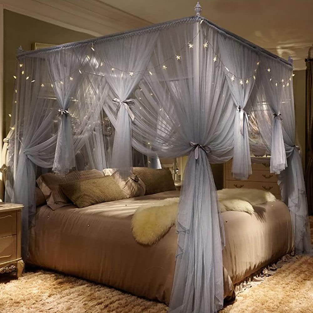 Lussuosa tenda a baldacchino grigia a 4 angoli, 2 x 2,2 x 2 m, elegante zanzariera per letti dei bambini, decorazione per camera da letto, aggiunge privacy e stile