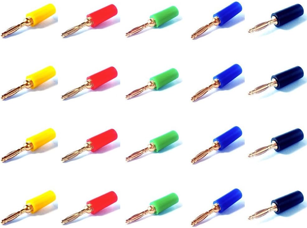 2mm Mini Banana Male Plug Cable Connector - 5 Colors Banana Plug (20 Pack)