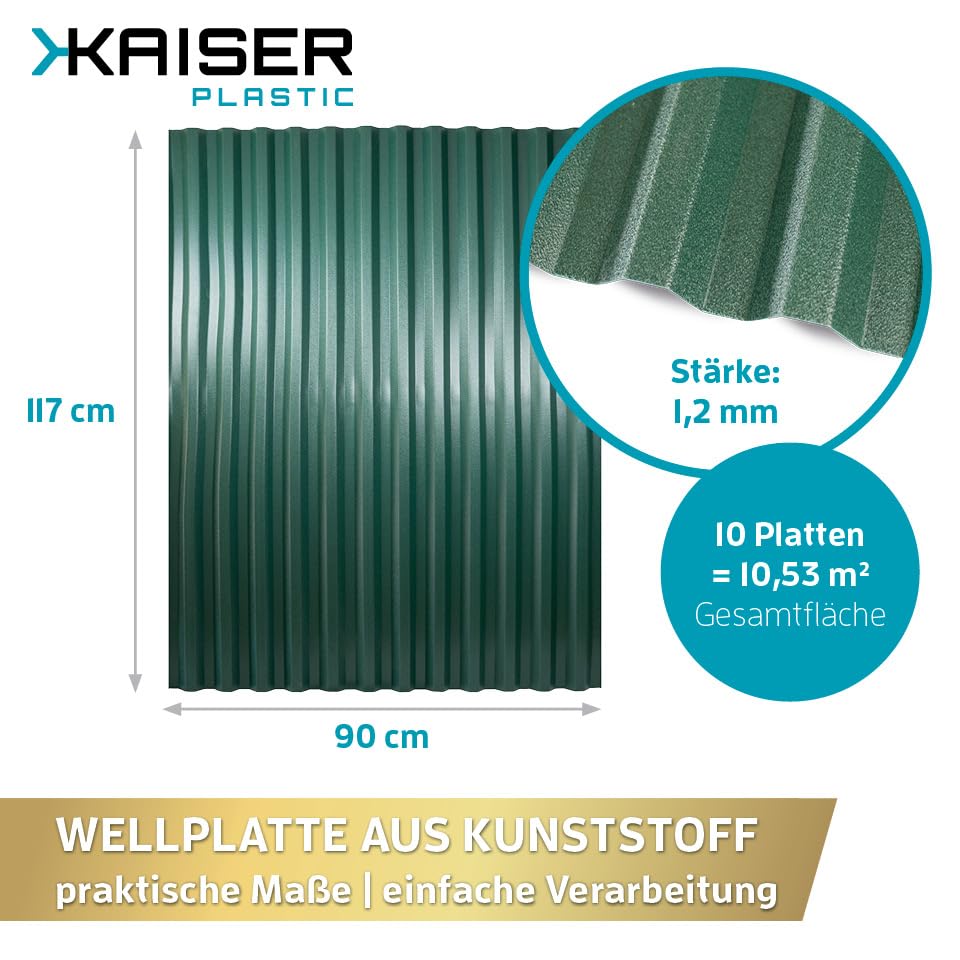 KAISER plastic® Piastre Ondulate Verdi | Piastre Ondulate per Tetto, Tetto Ondulato in Plastica | Piastre per Tetto Impermeabili | Copertura (10, 90 x 117 cm)