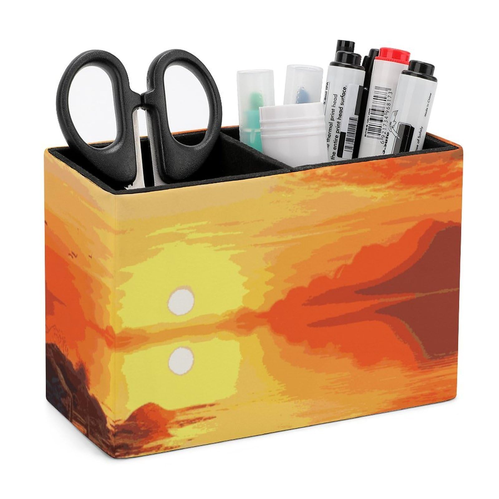 JTREHY Sunset Scenery Pencil Holder Exquisite Fashion Leather Pen Receptacle Soft High-End Pen Container for Office Home Accessories Or Housewarming Present
