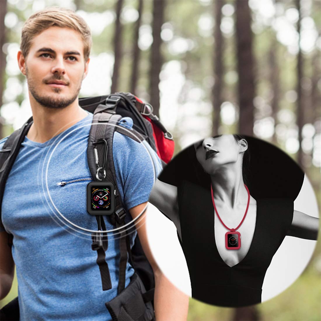 con Cuero Genuino Collar Colgante Correa Reemplazo Funda Protectora de Silicona Funda Compatible para Apple Watch Series 5 4 3 2 1 38mm 42mm Accesorios para Banda para el Cuello(Rojo,44mm)