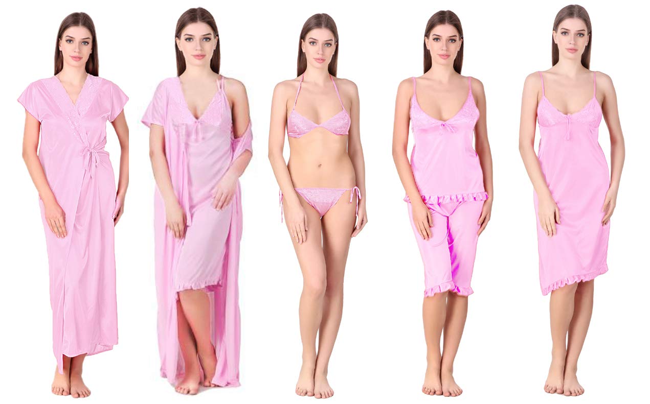 BombshellWomen's & Girl's Satin Plain/Solid Nightwear Set Pack of 6 (6003101_Light Pink_Free Size)