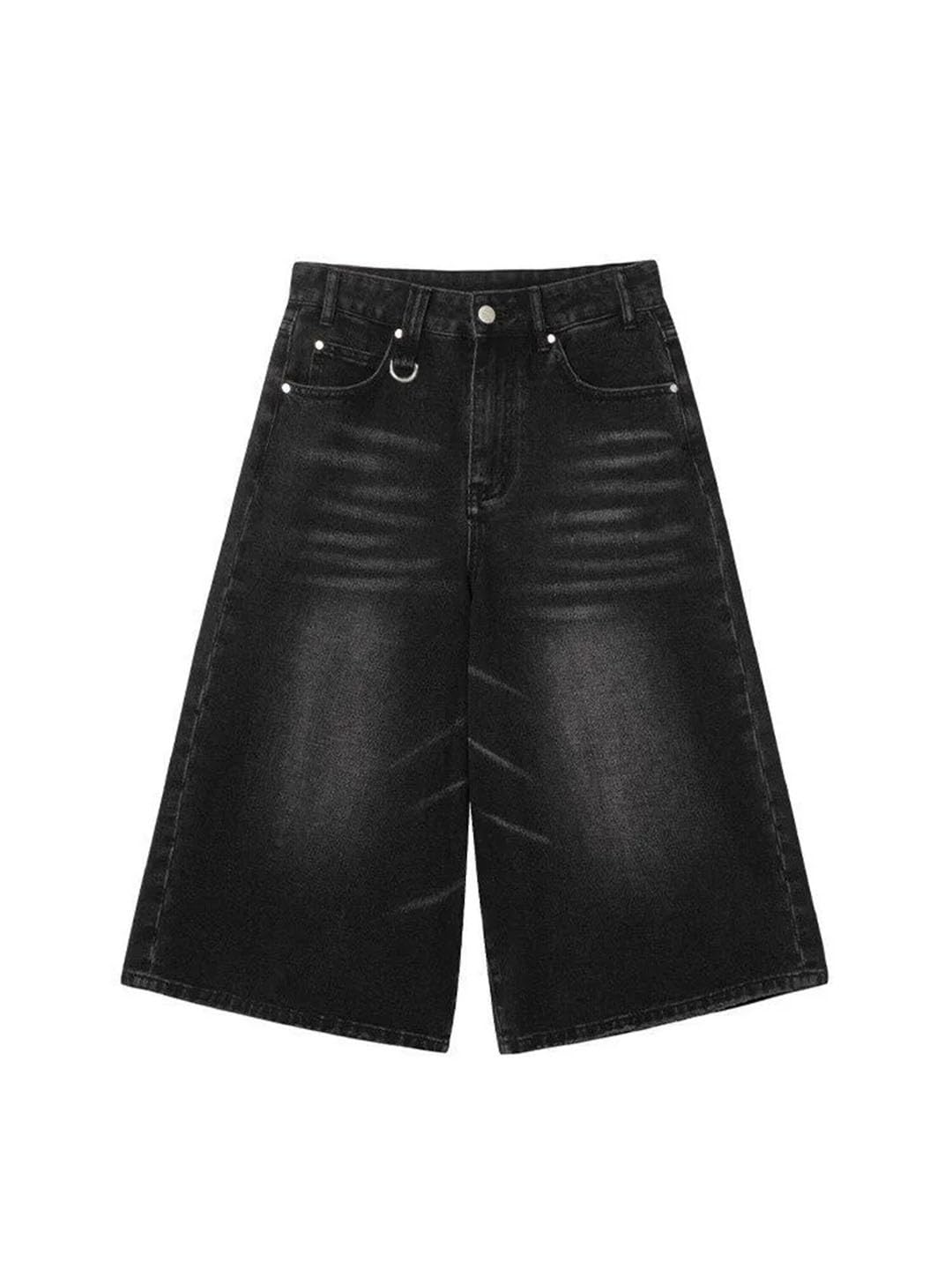 Damskie szorty dżinsowe z wysokim stanem retro sprane na co dzień luźny krój streetwear średnie długie krótkie, Czarny, S