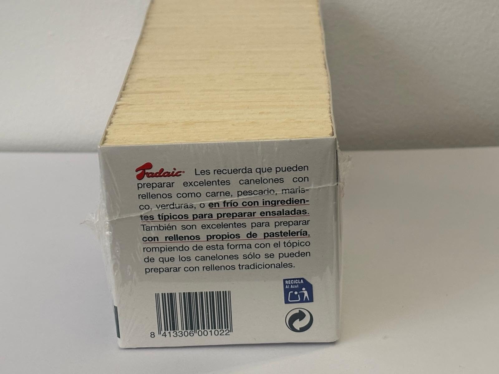 100 placas de canelones precocidos, marca Fadaic, envase especial hosteleria