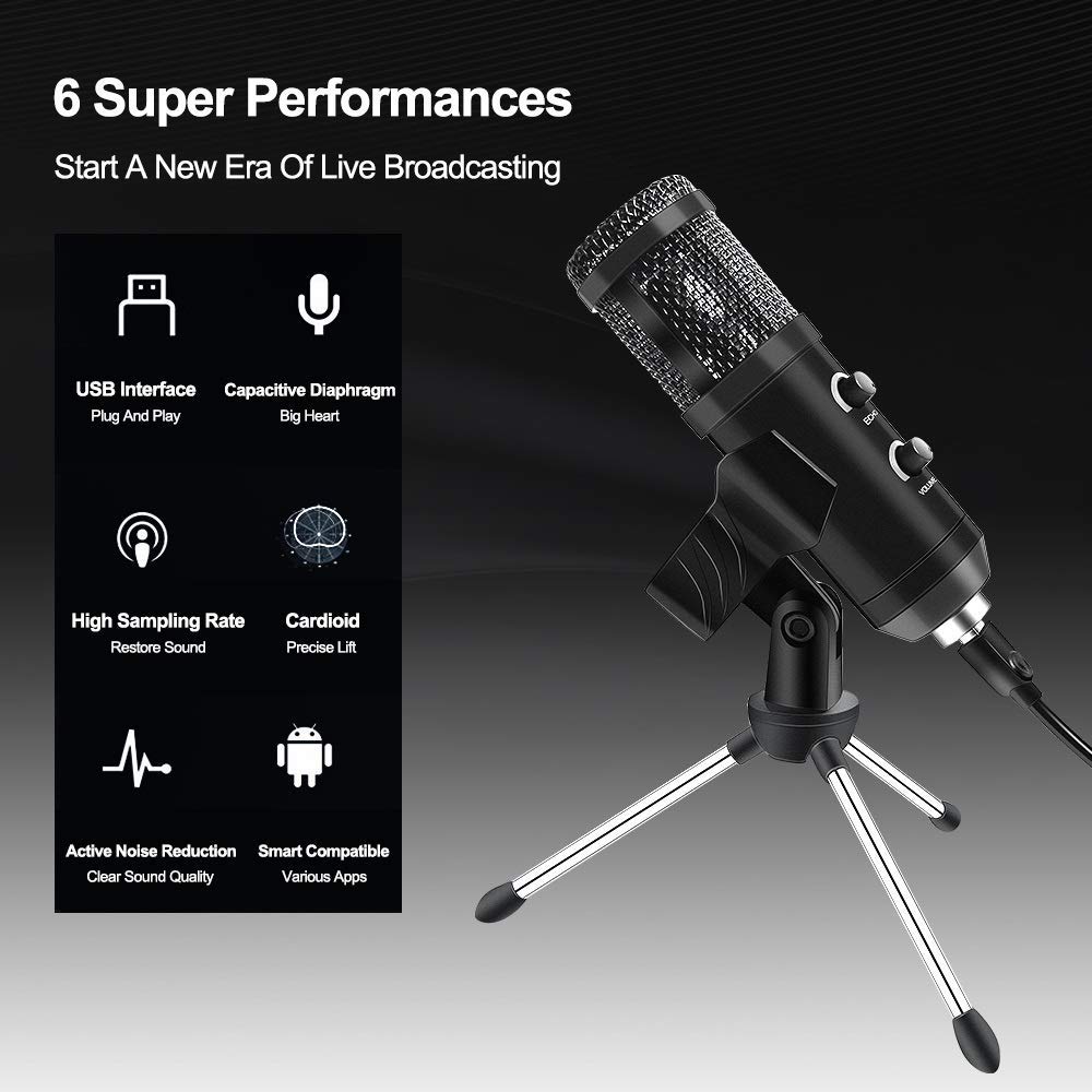 Microfono a condensatore per Computer USB E20 con Kit Studio con Luce ad Anello e Supporto per Braccio per Registrazione Video di Gioco