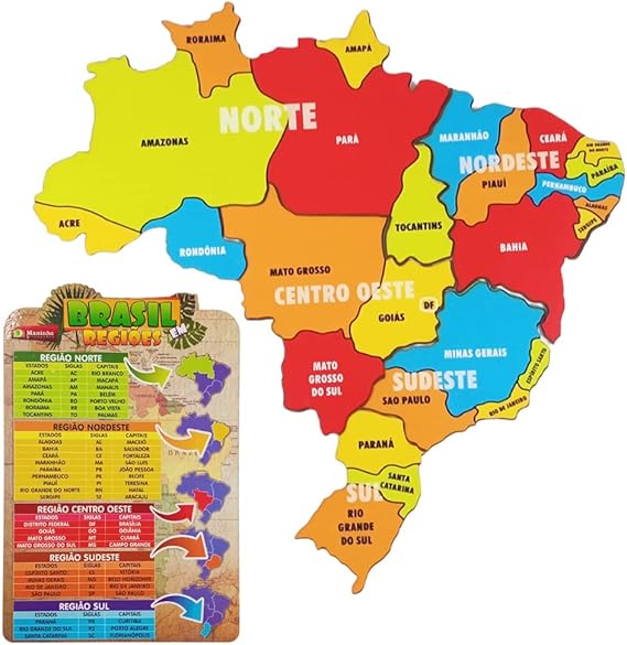 Quebra Cabeça Mapa Do Brasil Infantil Madeira Regiões 6 Peças Maninho Brinquedos