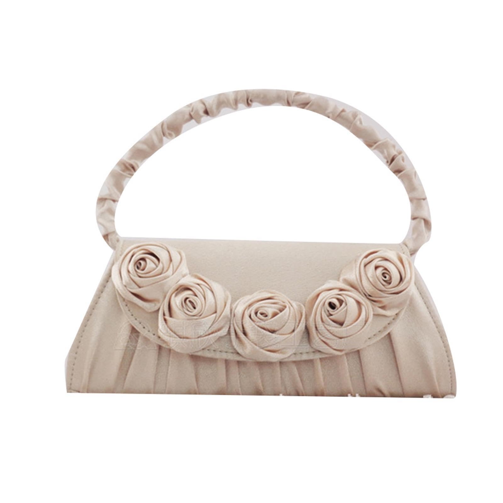 Borsa a mano con fiori di rosa plissettati in raso