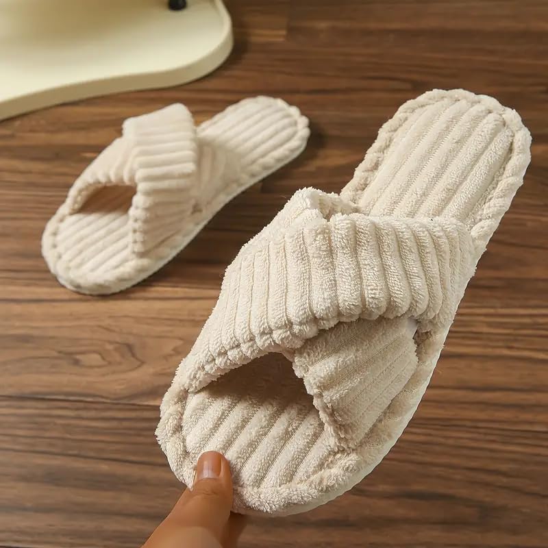 Image of SILENCIO Slippers for Women House Bedroom Furry Cross Bands Slide Shoes Anti-Skid Sole Open Toe Slippers Indoor & Outdoor