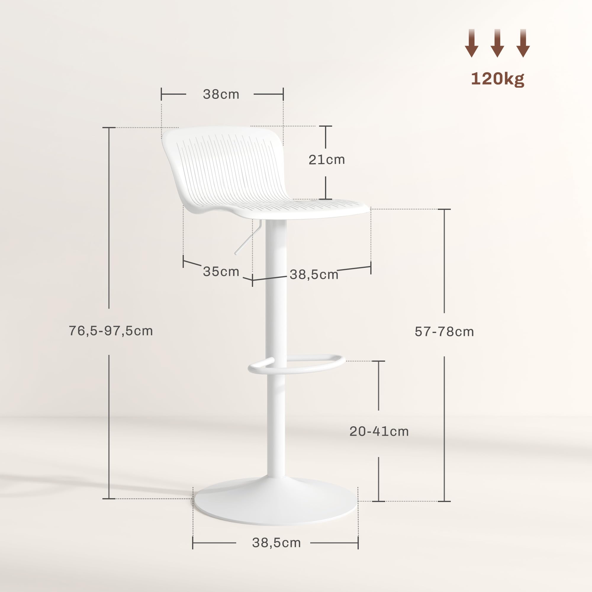 HOMCOM Set 2 Sgabelli da Bar con Schienali Ergonomici, Poggiapiedi, Sgabelli Cucina Alti Regolabili in Polipropilene con Seduta Girevole e Base Antiscivolo per Sala da Pranzo, Penisola Cucina, Bianco