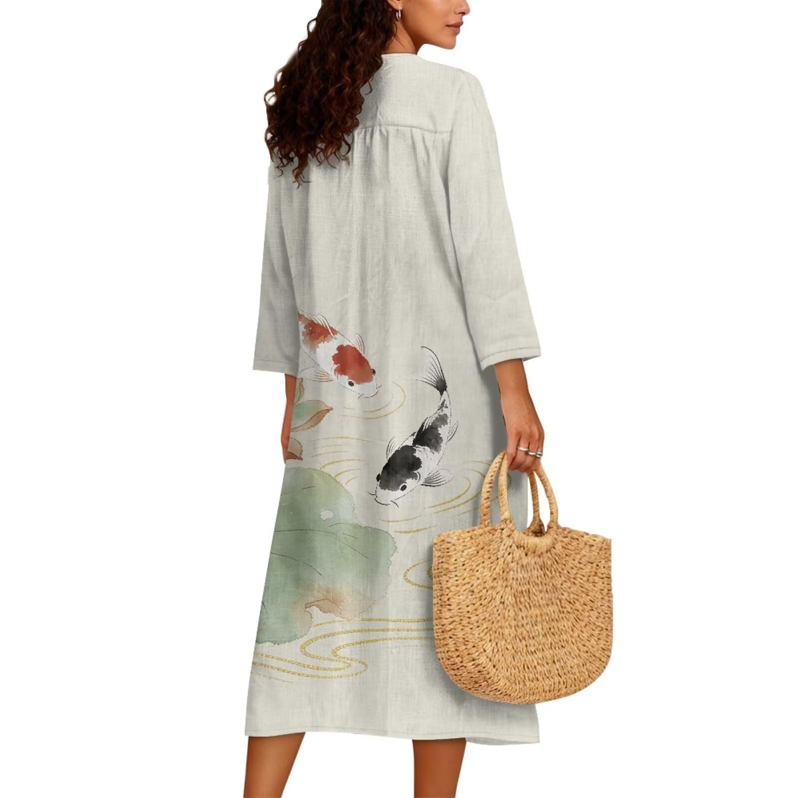 Wanyint Abito boho chic da donna con maniche a 3/4, scollo a V, tunica midi fluida, abito casual da spiaggia e chiesa, S-4XL