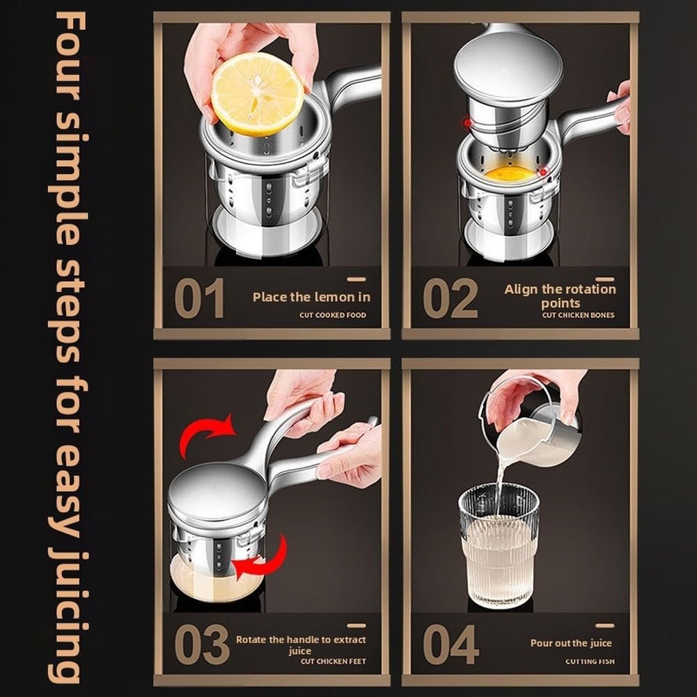 Manueller Edelstahl-Entsafter Mit Drehpress-Mechanismus, 304 Edelstahl Sieb Und Ergonomischem Für Griff Für Zitronen, Obst Und Gemüse, Silber