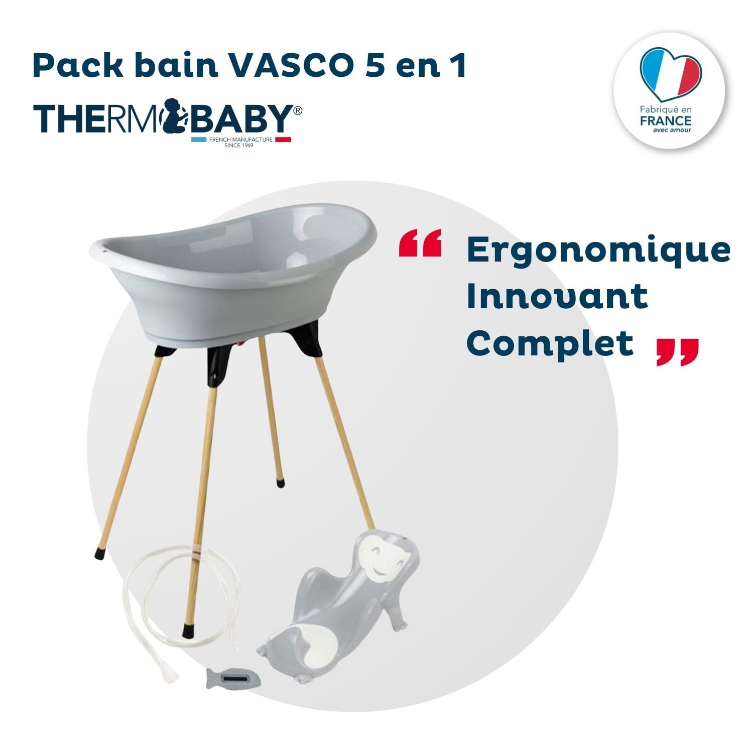 THERMOBABY - Zestaw do kąpieli dla niemowląt VASCO 5 w 1 - Wanna, drewniana nóżka, wąż spustowy, leżak do kąpieli, termometr - Charme Grey - Składany i stabilny - Wyprodukowano we Francji