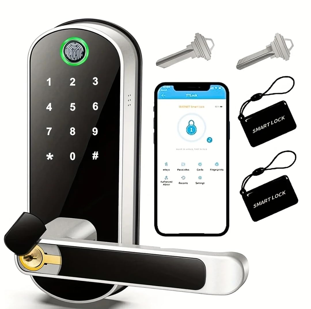 Smart Lock with Digital Keyboard, Fingerprint and Smartphone App, Two Passcards, Two Emergency Keys Included (Silver)