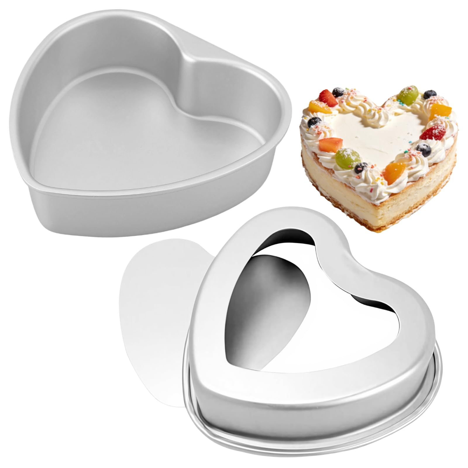 WZHHDM 6 Inch Heart Cake Tin, 2pcs Heart Shaped Cake Tin, Love Heart Baking Cake Tin Cake Pan with Removable Bottom for Valentine's Day Anniversaries Wedding(Silvery)