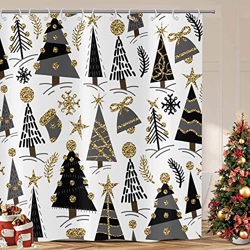 ASDCXZ Cortina de Ducha navideña 180x200 cm, Dorada Brillante Decorativa Árbol de Navidad Negro Copo de Nieve Cortinas de Ducha Lavables Tela de Cortina Ducha Impermeable con 12 Ganchos