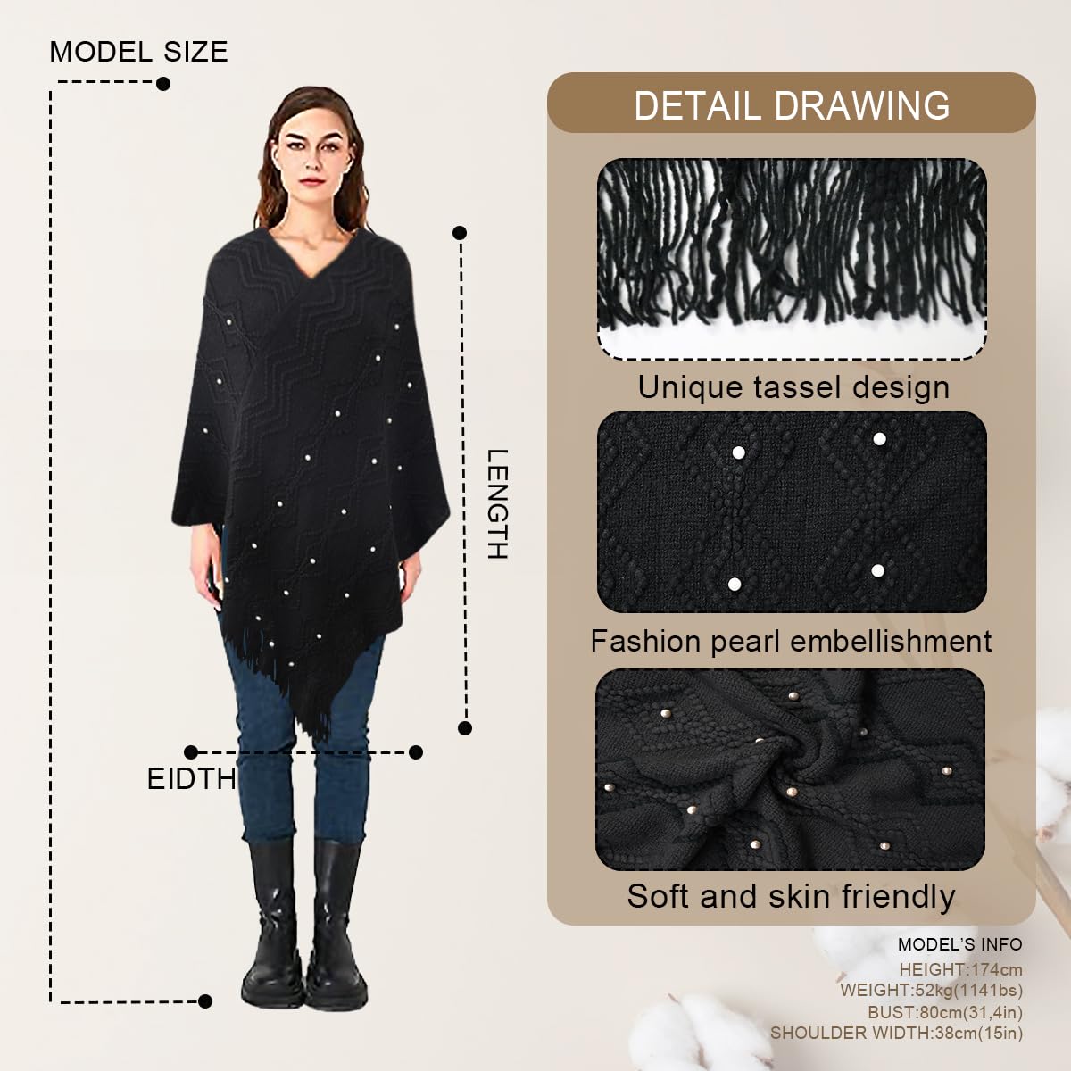 Rayson Poncho Maglione Donna Perle con Frange Mantella Irregular | Scialle Moda Giovane,Cappotto per Autunno Inverno