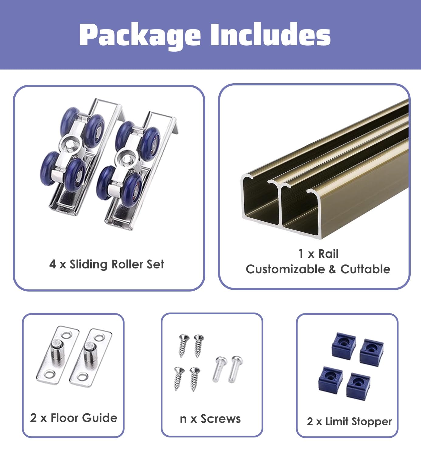 Kit de herrajes para puerta corredera para riel doble redondeado, sistema de puerta corredera de armario, champán, 30 cm de alto, perfecto para puertas de granero y cabinas de madera