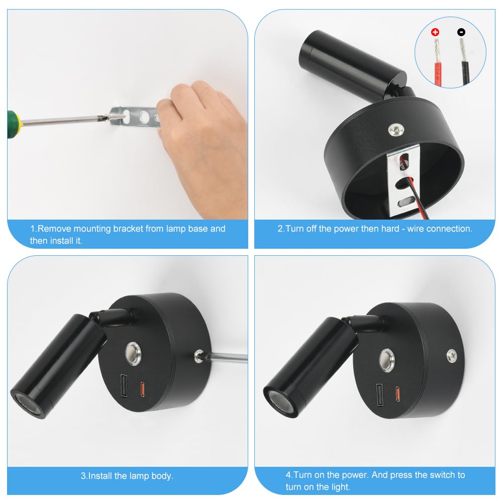 12V LED Leselampe Wohnmobil, 2 Stück Wohnmobil, Wandleuchte Bettlampe mit Schalter Touch Dimmbar, 3 Farbtemperatur Modi mit Ladefunktion USB A+C-Anschlüssen für Auto Wohnwagen Innenbeleuchtung