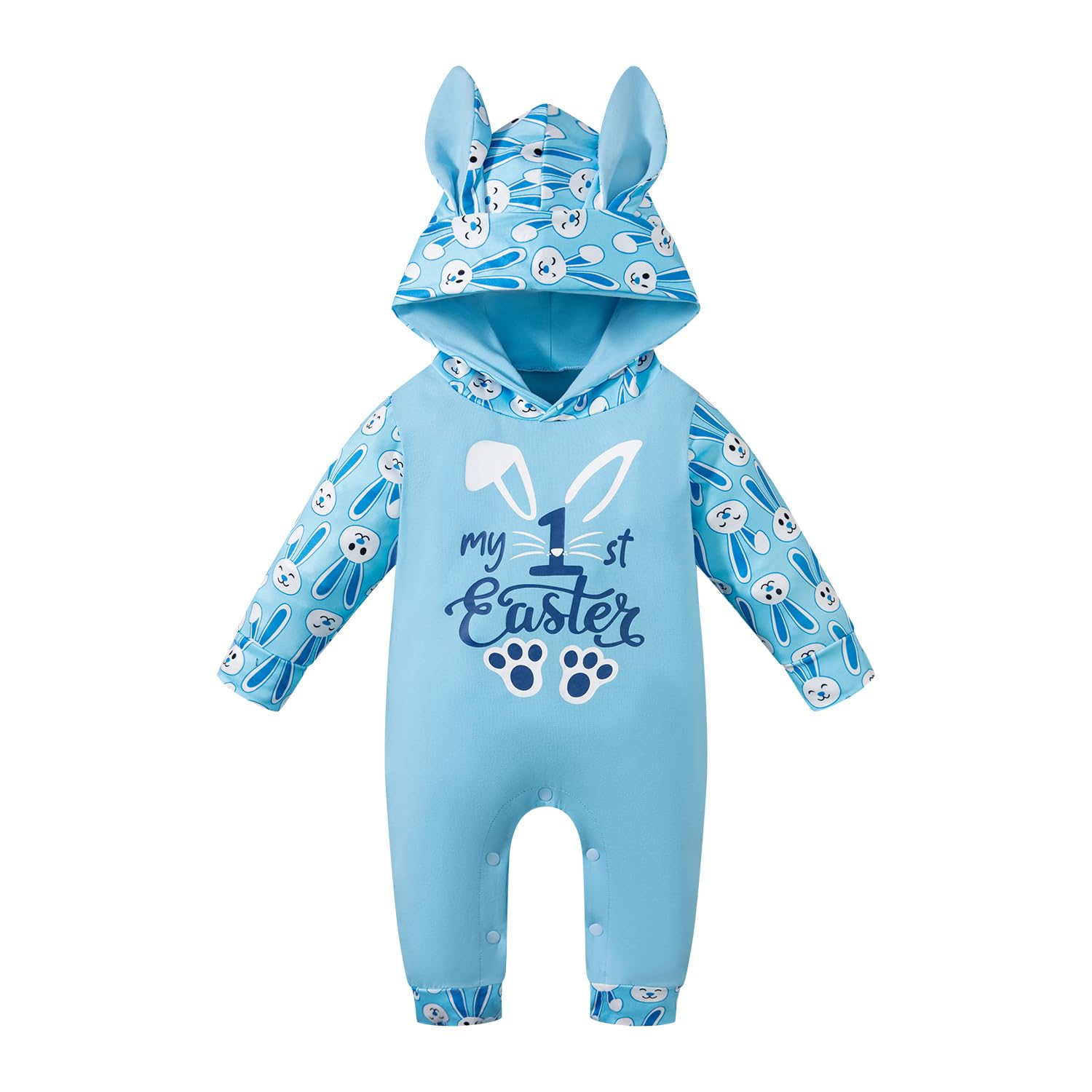 QIKUBI Baby Boys Girls My First Easter Romper Infant Bunny Hoodies Outfit Newborn Rabbit Blue Clothe Set (Blue,12-18M)