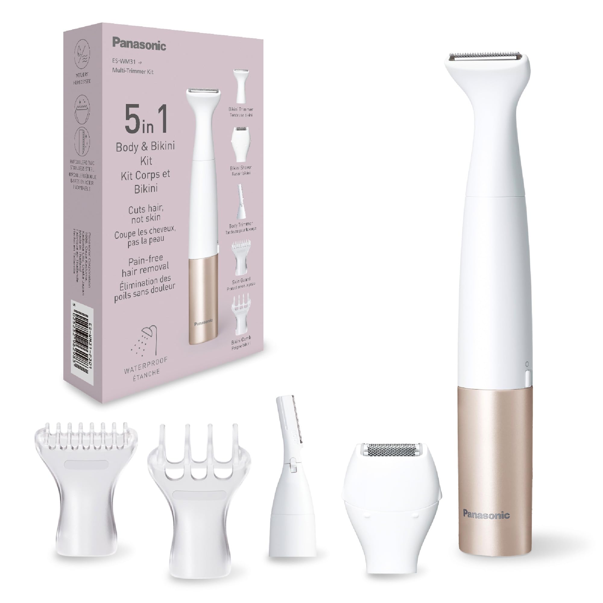 Panasonic ES-WM31 en 1 Kit para Cuerpo y Zona Del Bikini, Depiladora, Afeitadora, Recortadora de la Zona Del Bikini, 5 Accesorios, Resistente Al Agua IPX7, Seco y Húmedo, Pilas (1 AA), Oro Blanco