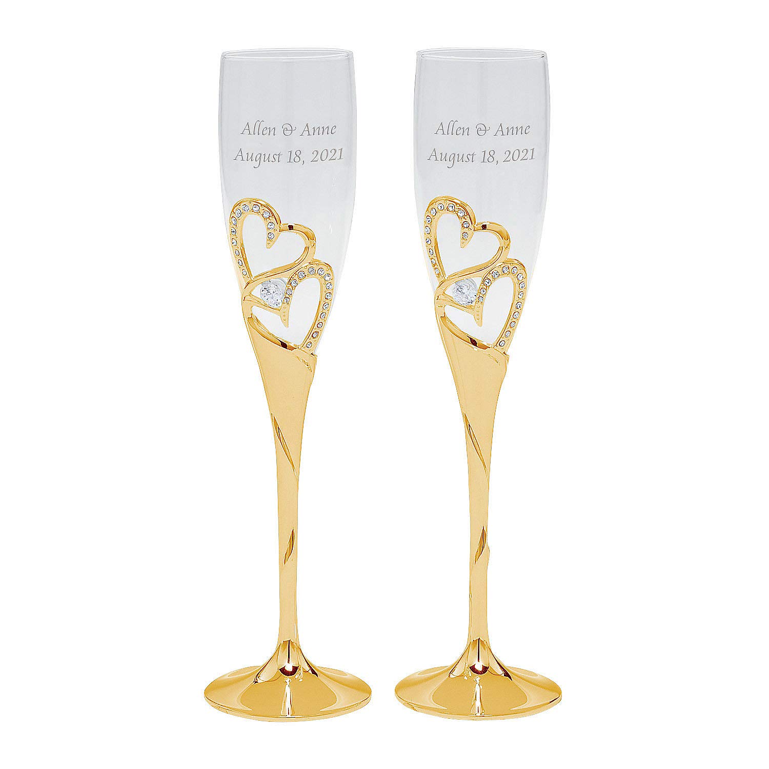 Fun Express Gold Stacked Heart Premium Personalized Wedding Flutes - Home Decor