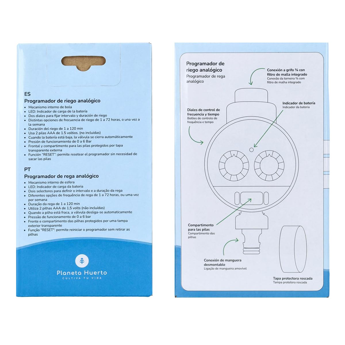 PLANETA HUERTO | Programador d'Arrosage Blindé, Automatisation d'Arrosage, Durée et Fréquence Réglables - Programador de Riego Resistente al Agua, Idéal pour Jardins et Potagers