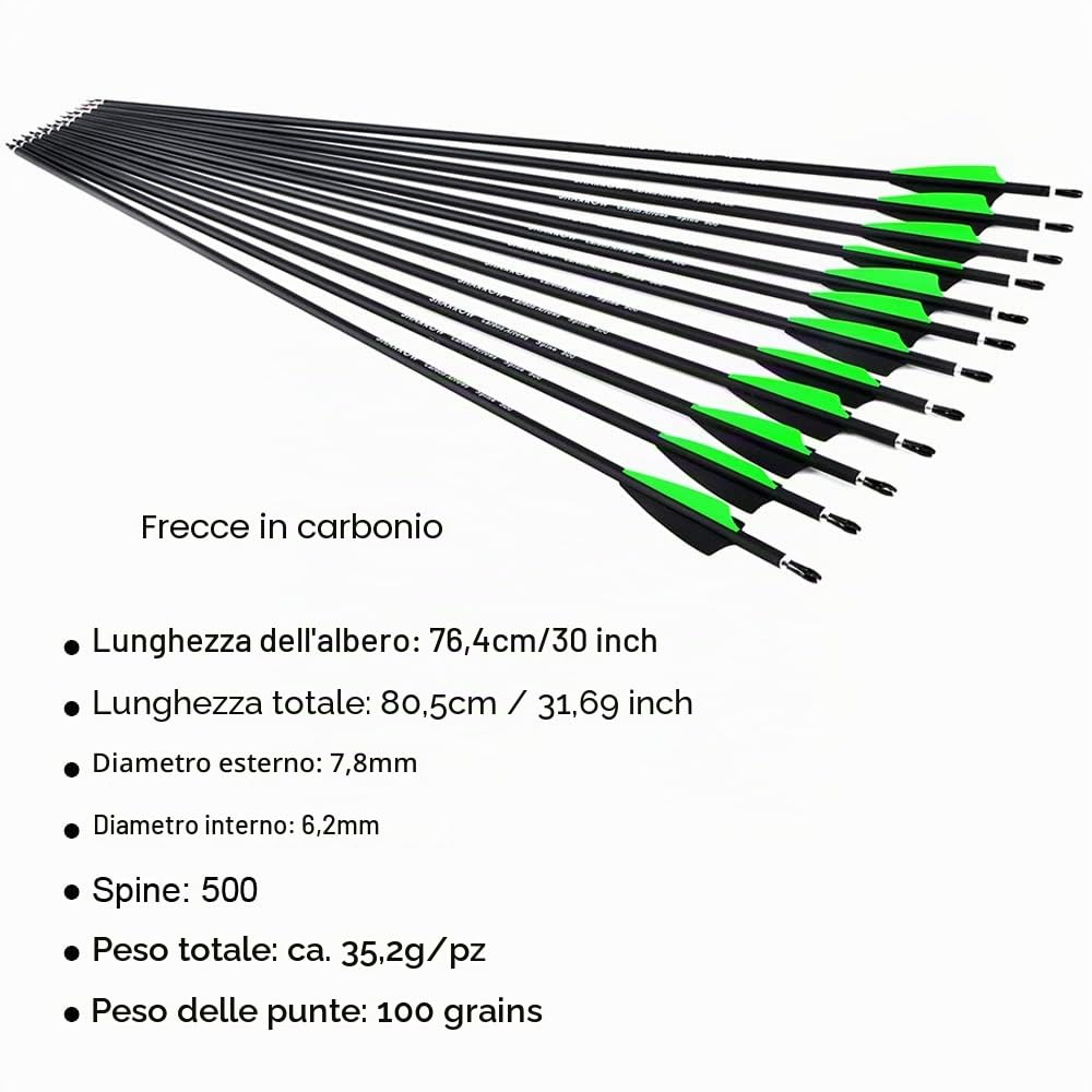 SHARROW 12pcs Freccia di Carbonio 30 pollici Spine 500 Tiro con l'arco in Carbonio Frecce per Arco Compound Ricurvo (Verde)