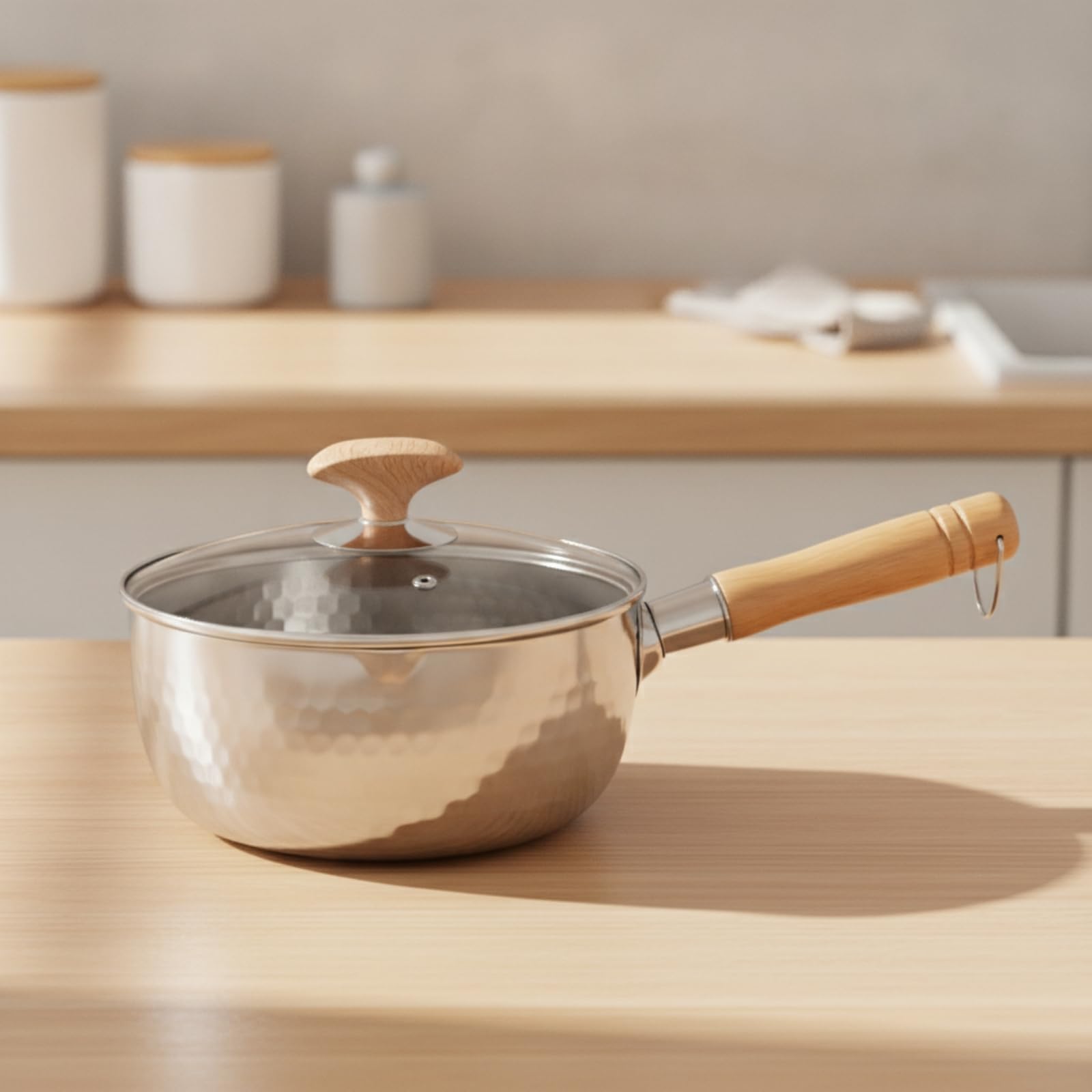 Qianly Casserole En Acier Inoxydable Polyvalent Casserole Poignée Bois Équipement pour Cuisine Quotidienne, 18cm, Couvercle