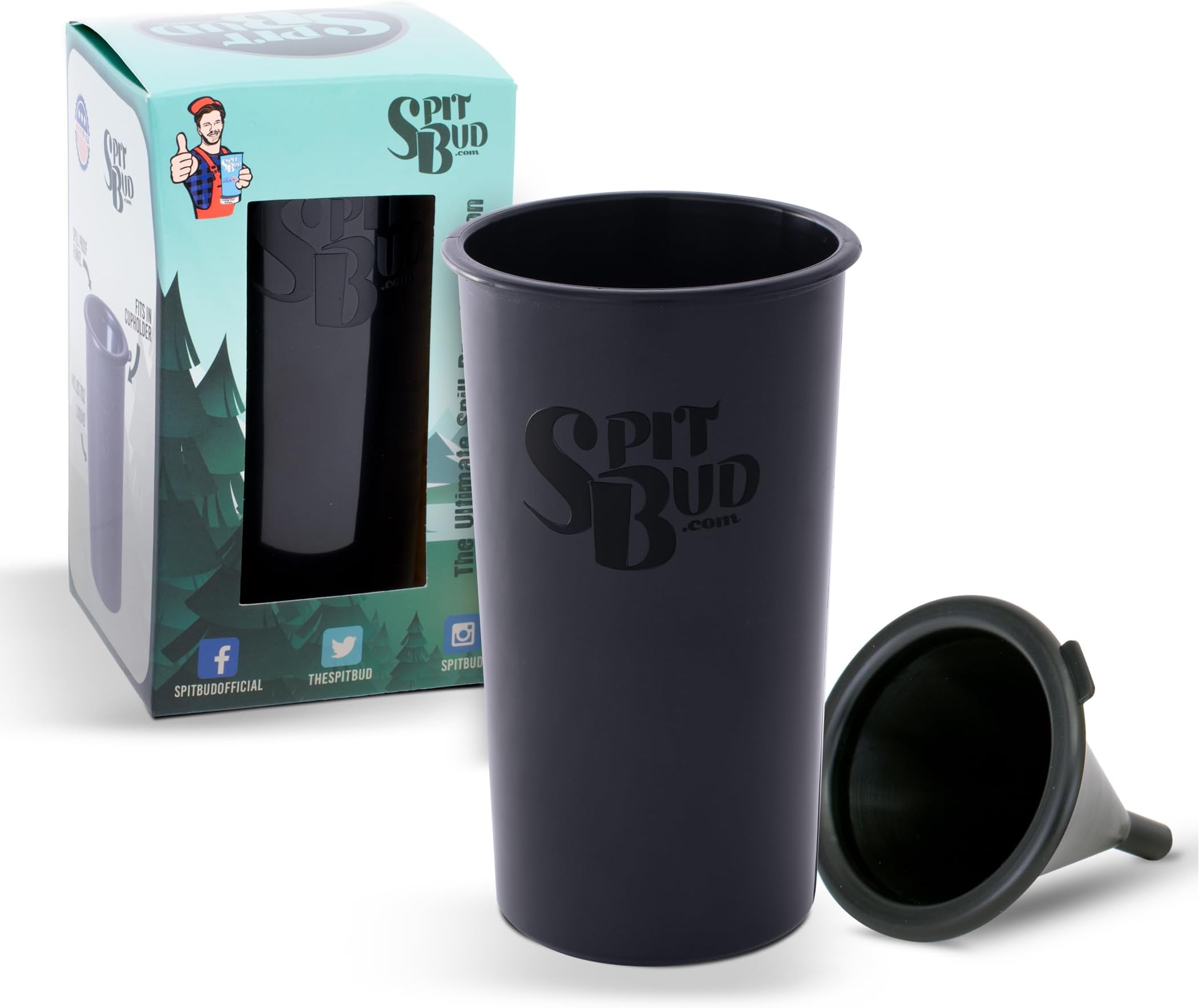 Spit Bud Original Black - Spittoon for Chewing Tobacco - Portable Dip & Snuff Cup with Lid, Pop Tab, Spill-Proof Funnel - Fits Most Cup Holders - Holds 8oz, 4x4x7"