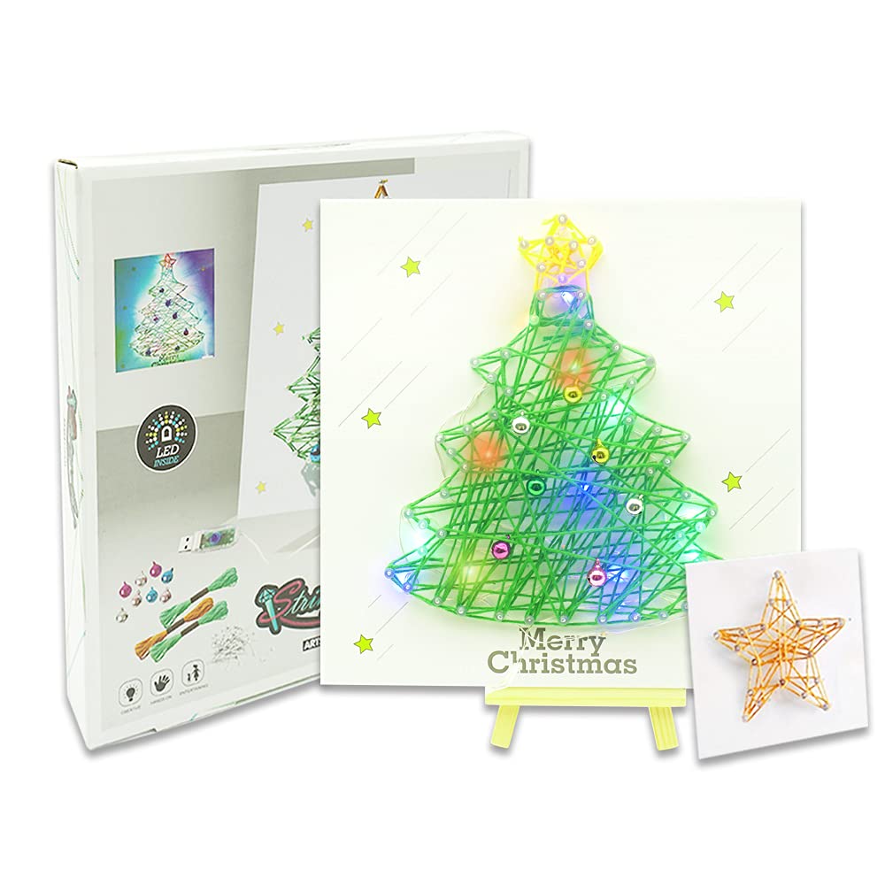 Crelloci String Art Craft Kit for Kids, DIY Christmas Tree with LED Light, Large Canvas & Easel, Arts and Crafts Set as Festival Gift for Children Age 8+