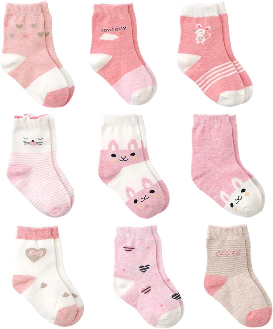 Pink Cotton Baby Girl Socks, 9 Pairs Cute Socks for Baby Girls