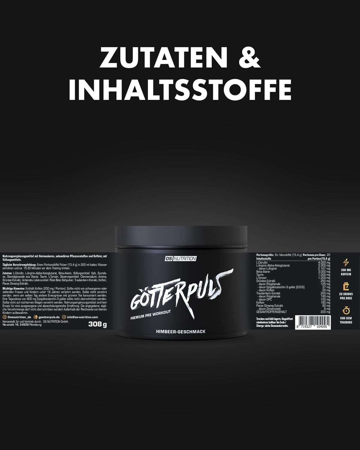 Götterpuls Pre Workout 308g Pulver Himbeere | Mit L-Citrullin, AAKG & Beta-Alanin – 200mg Koffein pro Portion – Für Fitness & Kraftsport – Vegan – 20 Portionen