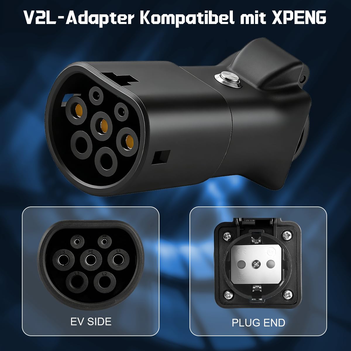 3,5 kW Adaptador V2L Compatible con XPENG G6, G9 y P7 Vehículos Eléctricos | De Tipo 2 a Schuko Adaptador Vehicle-to-Load, Para Vehículos Eléctricos Compatibles con la Funcionalidad V2L, 16 A, 250 V
