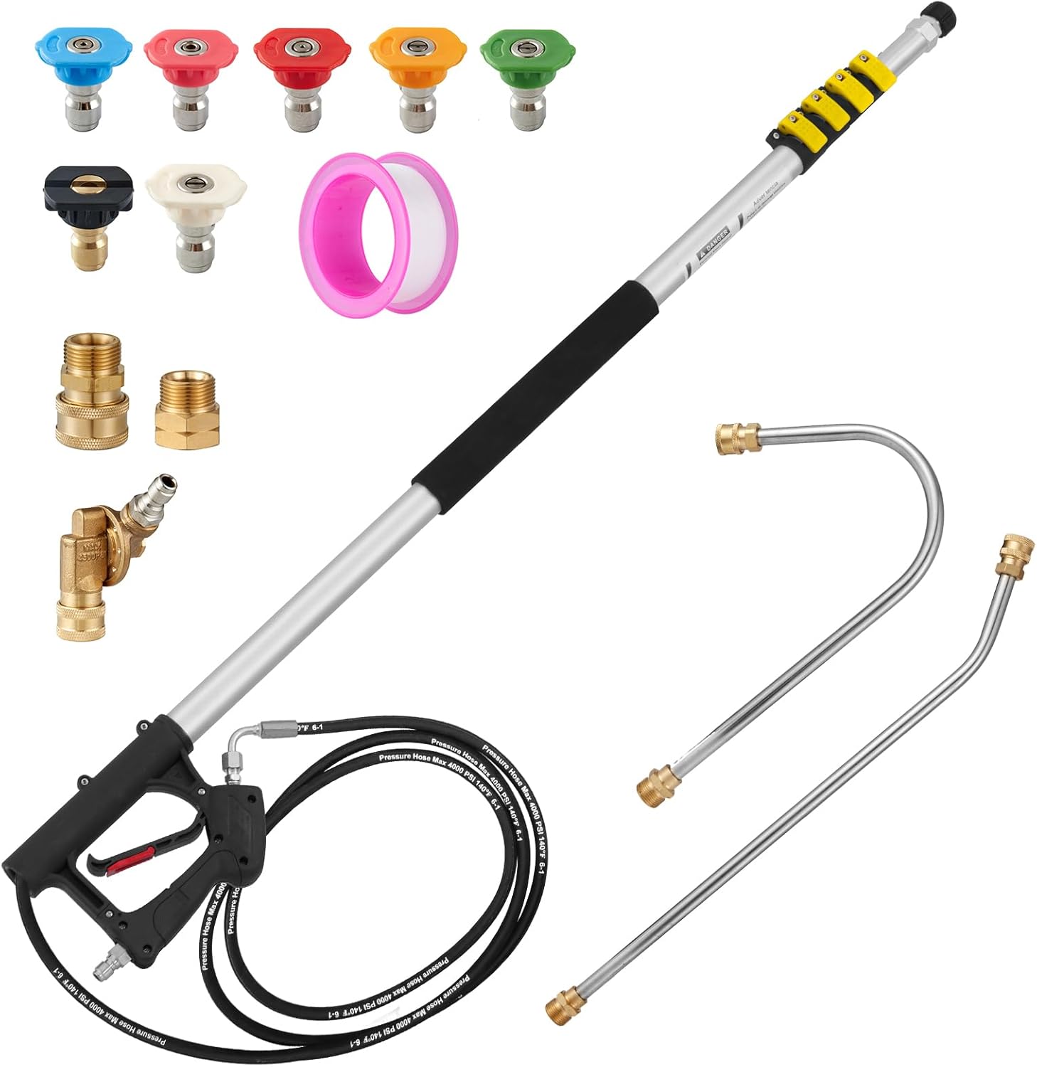 Telescoping pressure washer wand with extension, 5 spray tips