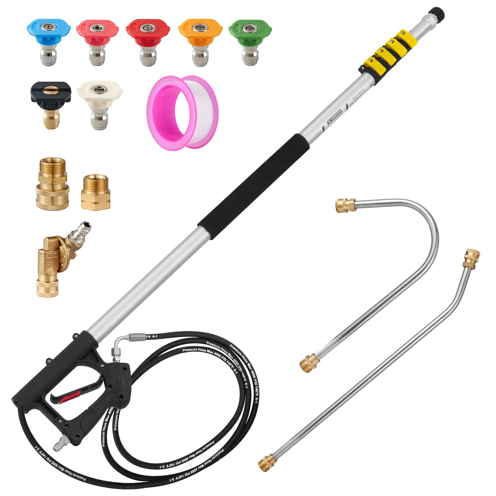 22 FT Telescoping Pressure Washer Wand with Power Washer Extension Wand, Gutter Cleaner Attachment, 5 Spray Nozzle Tips and 2 Hose Inlet Adapters