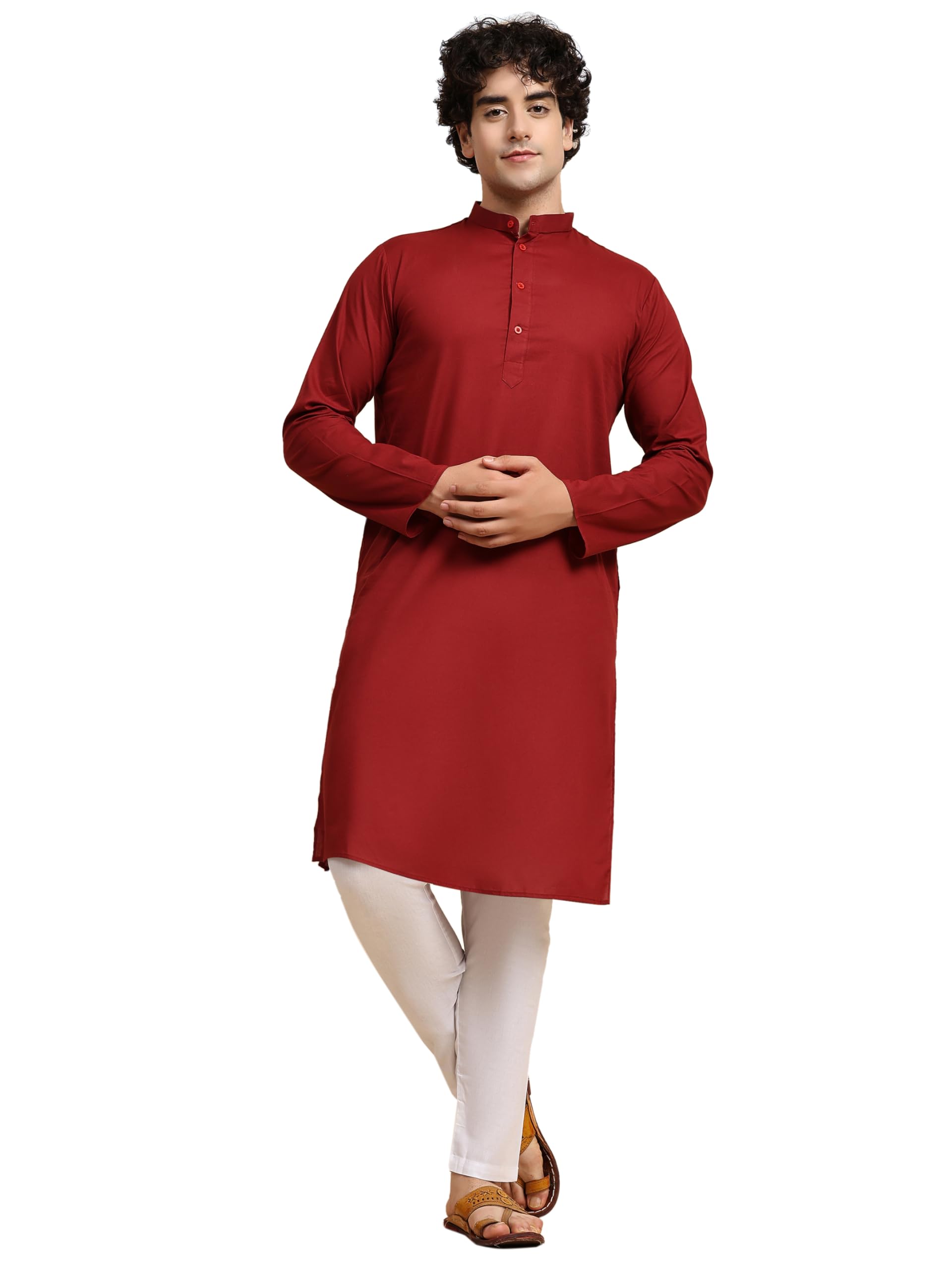 SKAVIJ Men's Casual Cotton Solid Kurta Pajama Set, Regular Fit Traditional Ethnic Wear for Comfort and Style Red, S