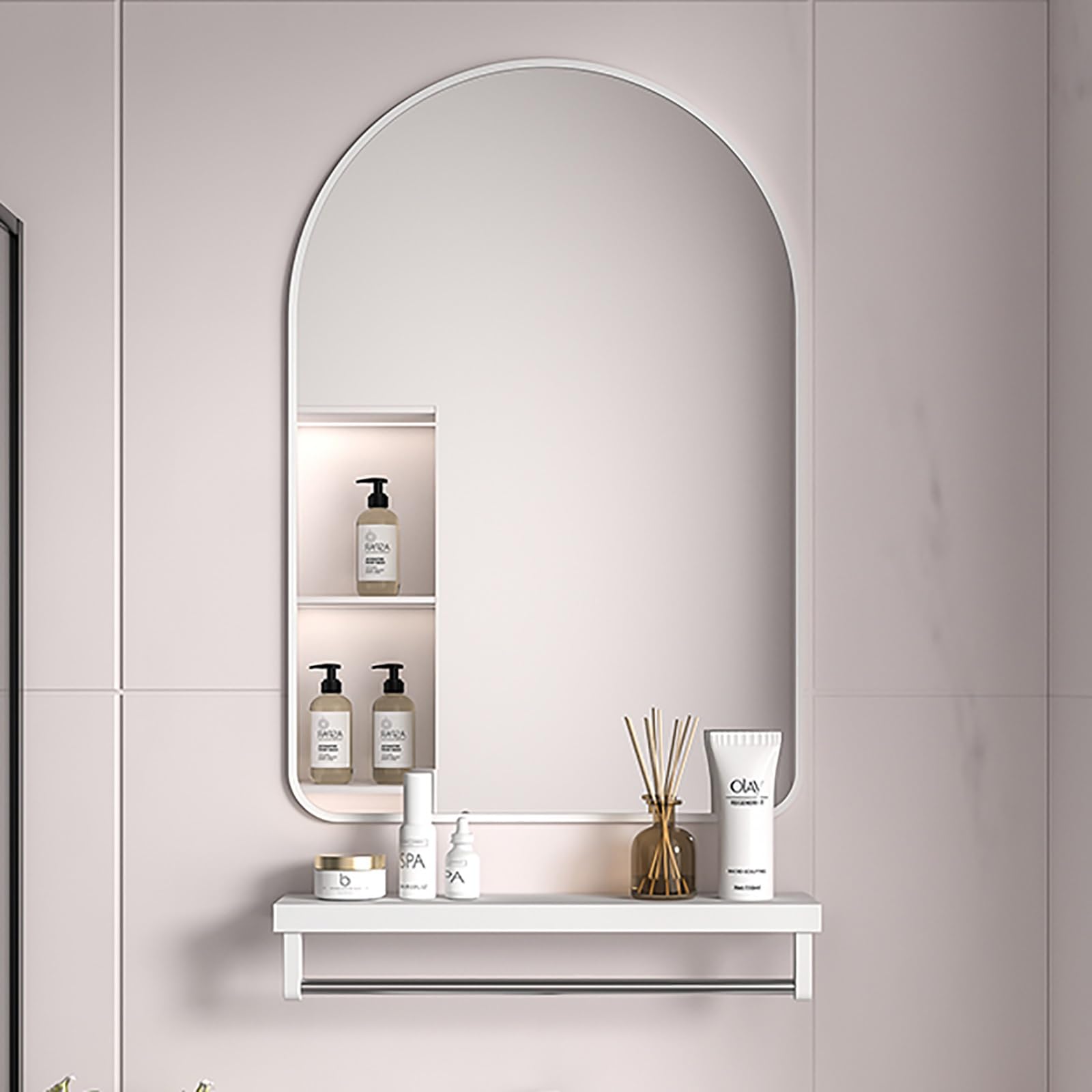 Miroir salle de bain arqué et son cadre en aluminium avec rangement