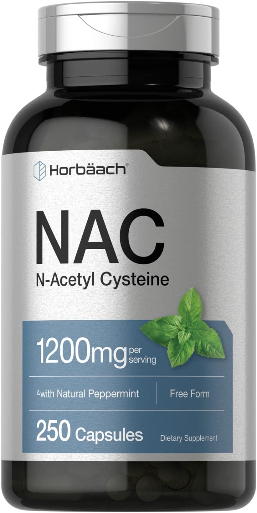 Horbäach NAC Supplement N-Acetyl Cysteine 1200mg | 250 Powder Capsules | for Women and Men | with Natural Peppermint | Non-GMO, Gluten Free