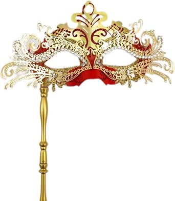 Masquerade Mask for Women Mardi Gras Venetian Handheld Gold and Red Opera Maks Halloween Costume Mask