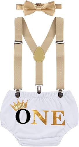 Miniatura 22 de MYRISAM Wild One - Traje de pastel para niño para primer cumpleaños, sesión de fotos con estampado de flores, tirantes y corbatín, disfraz de baby
